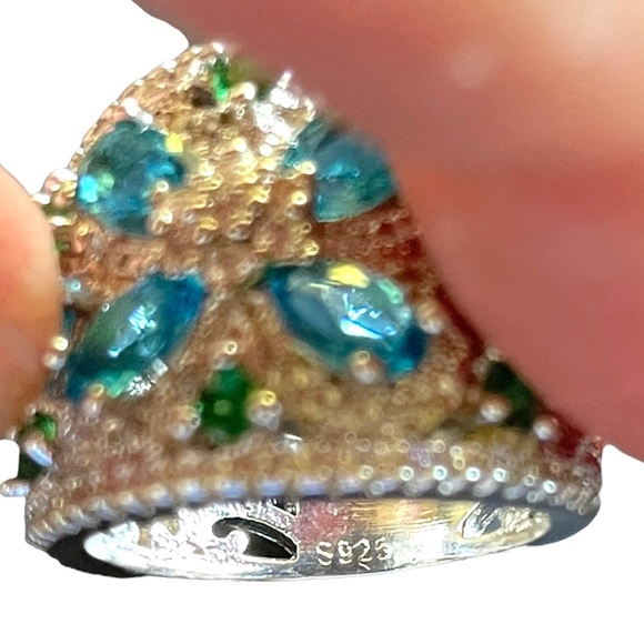 925 Silver Blue Green Zircon Statement Ring - Picture 7 of 8